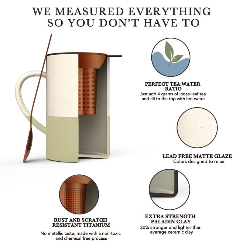 Mora Ceramics Tea Cup with Loose Leaf Infuser, Spoon and Lid, 12 oz, Microwave and Dishwasher Safe Coffee Mug - Rustic Matte Ceramic Glaze, Modern Herbal Tea Strainer - Great Gift for Women, Limestone - Image 4